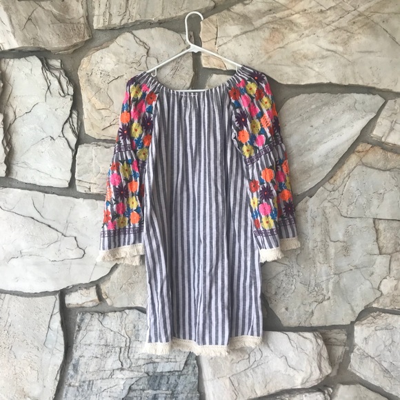 ASOS Tall Gray/White Stripe Embroidered Dress - Picture 2 of 7